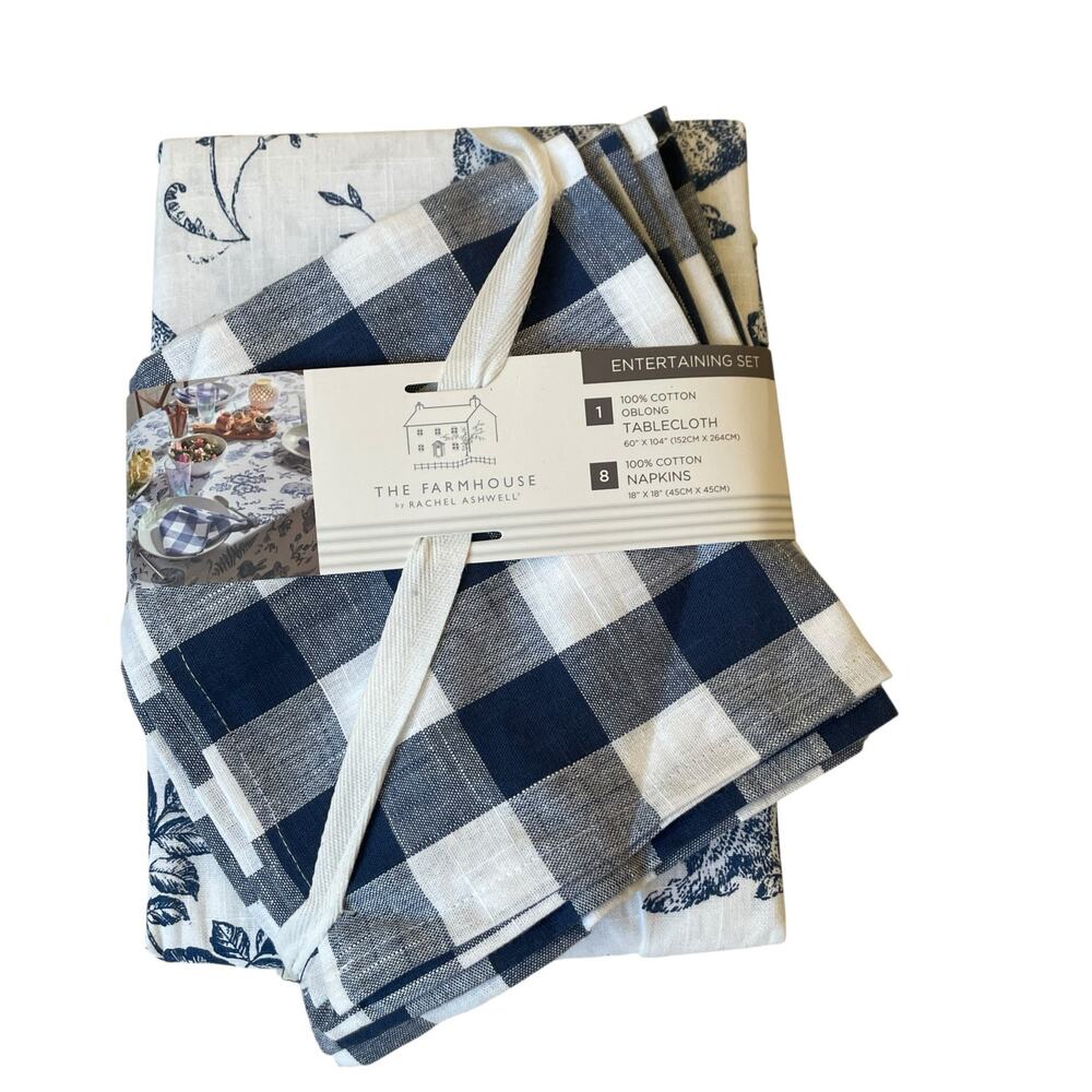 9pc Farmhouse Easter Bunny Tablecloth 60x104 Gingham Napkin Set Blue White NEW